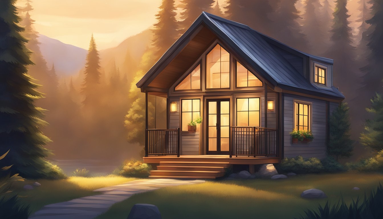 A cozy tiny house nestled among tall trees, with a warm glow emanating from its windows, surrounded by a serene natural setting