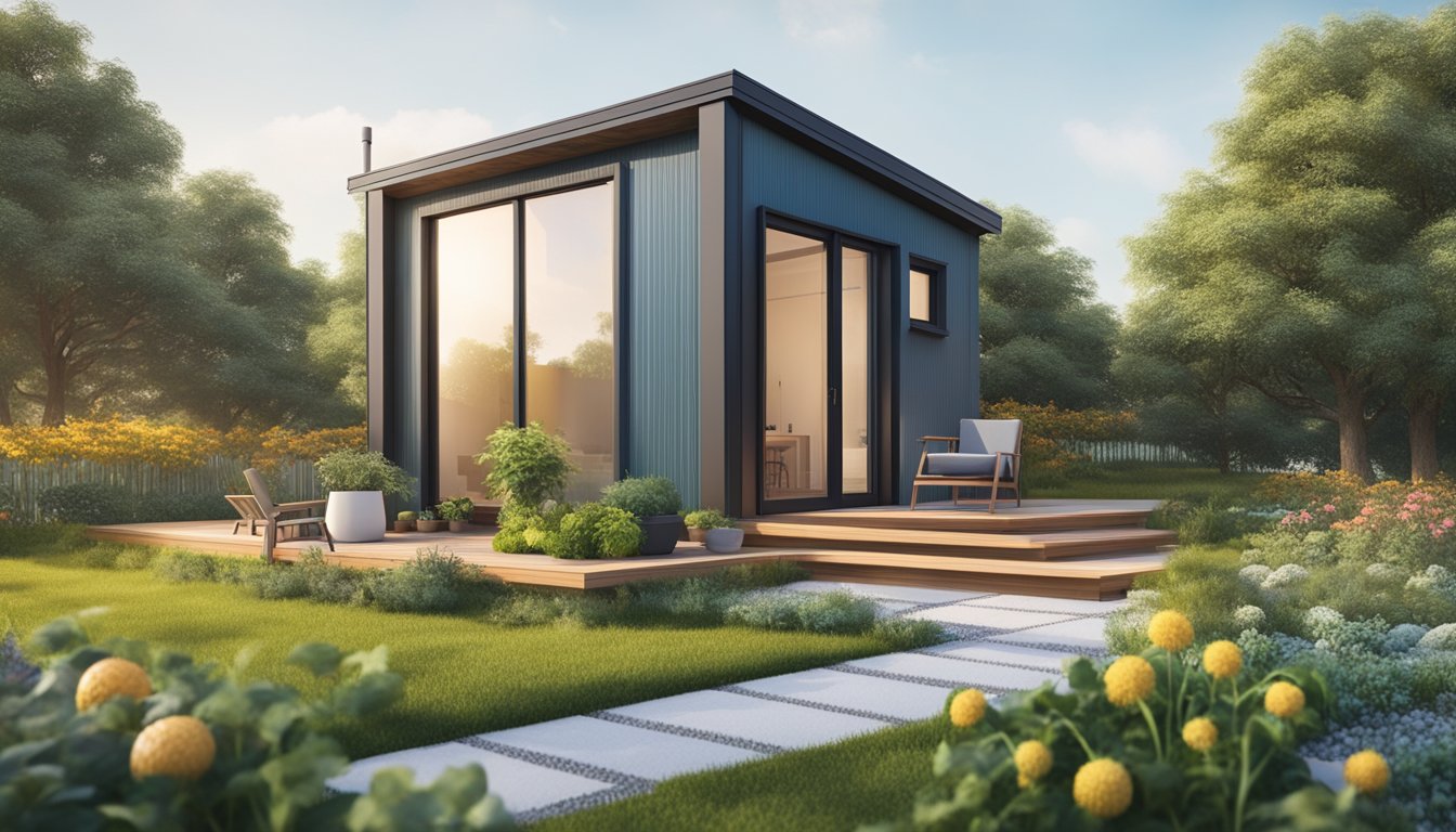 A small, minimalist tiny house surrounded by nature, with solar panels on the roof and a vegetable garden in the yard