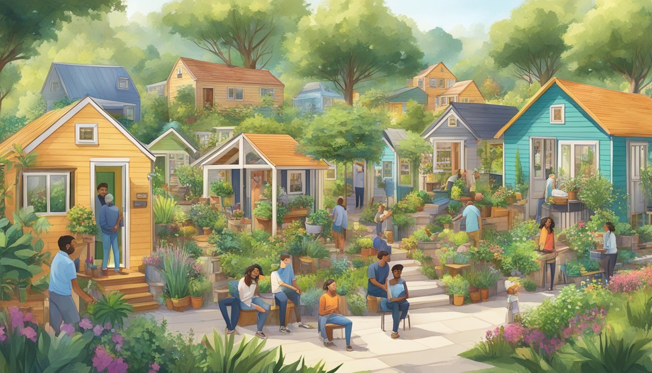 A bustling community of tiny houses nestled among lush greenery, with residents engaging in communal activities and tending to their sustainable gardens