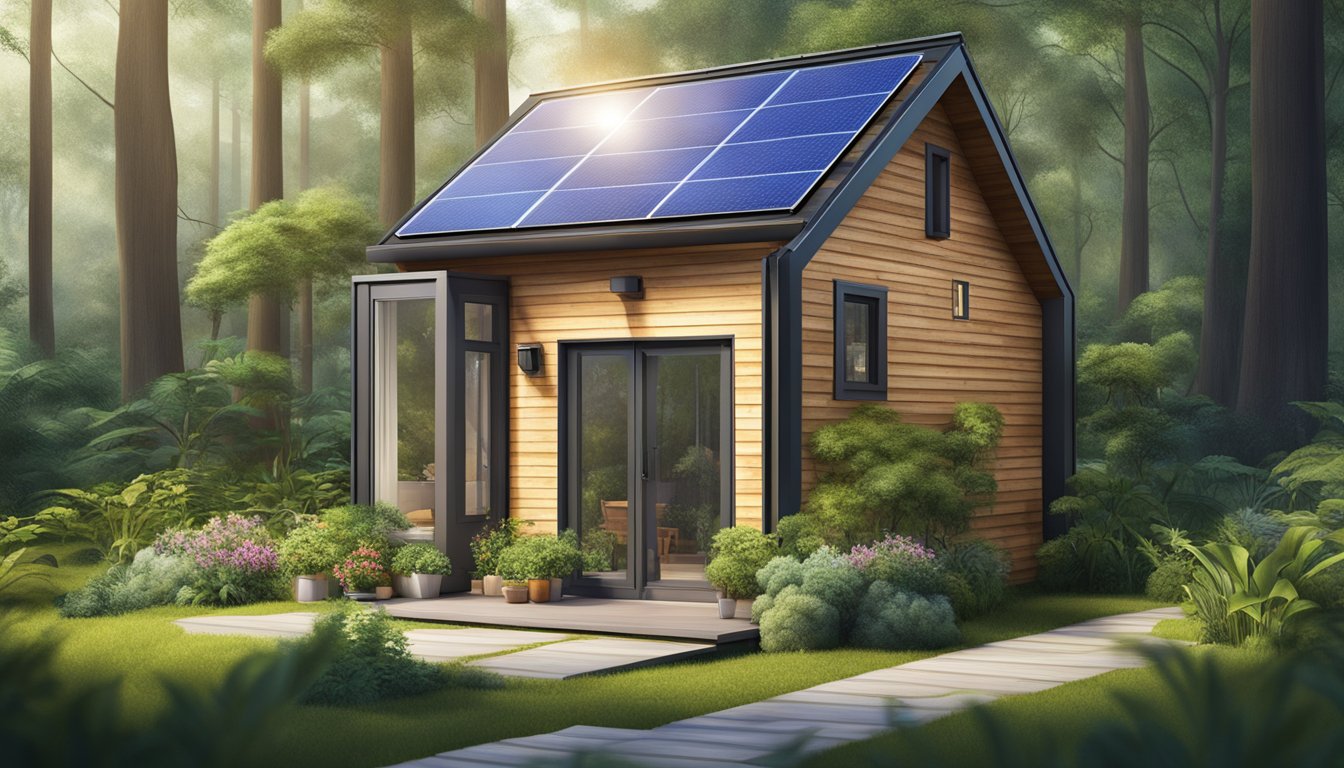 A tiny house nestled in a lush, green forest with solar panels on the roof and a small garden outside