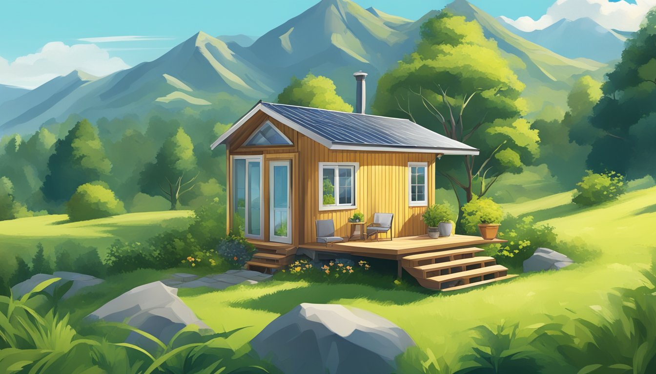 A tiny house nestled in a lush, green landscape with a clear blue sky and mountains in the background