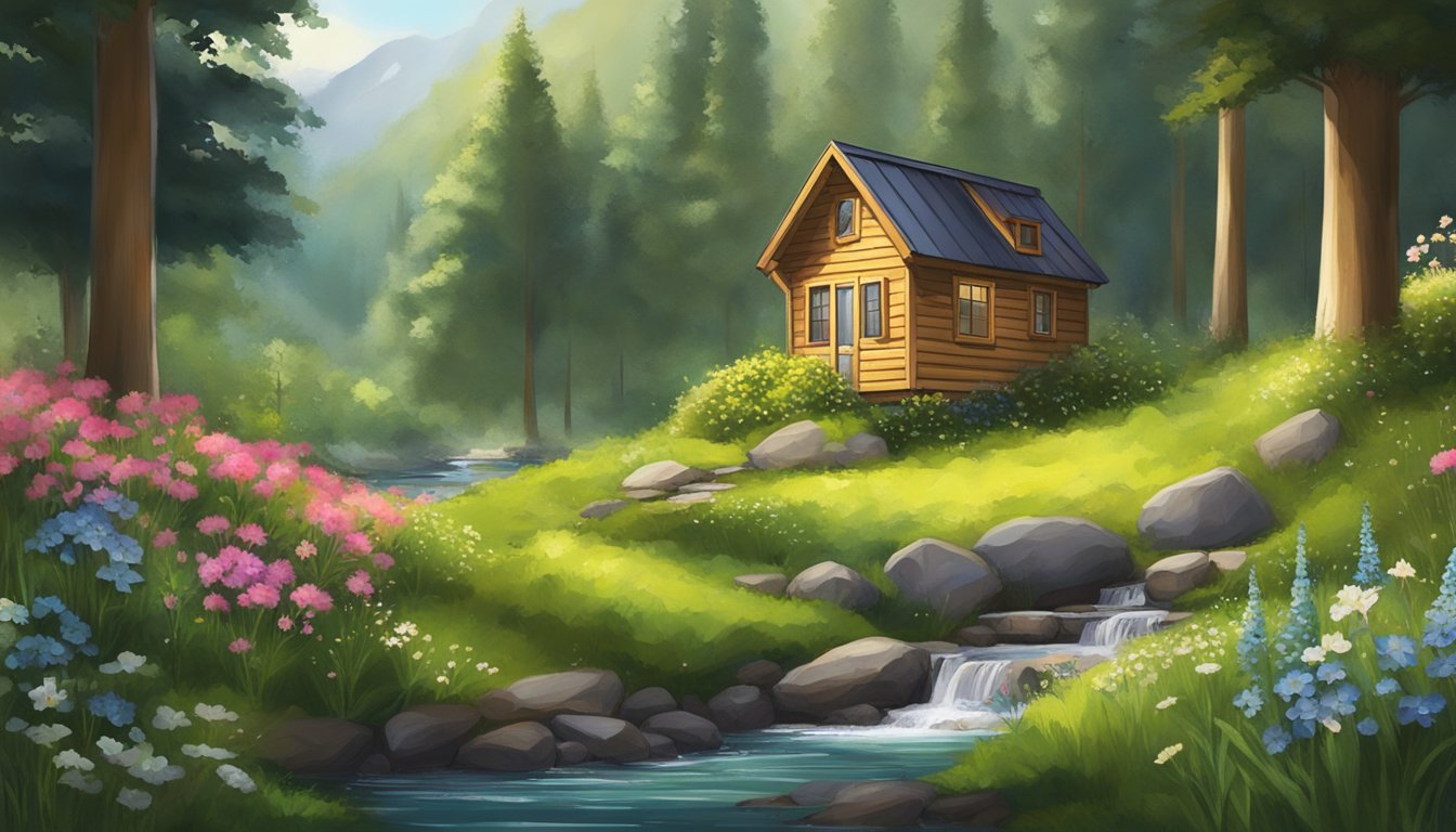 A cozy tiny house nestled in a lush green forest, surrounded by blooming wildflowers and a babbling brook