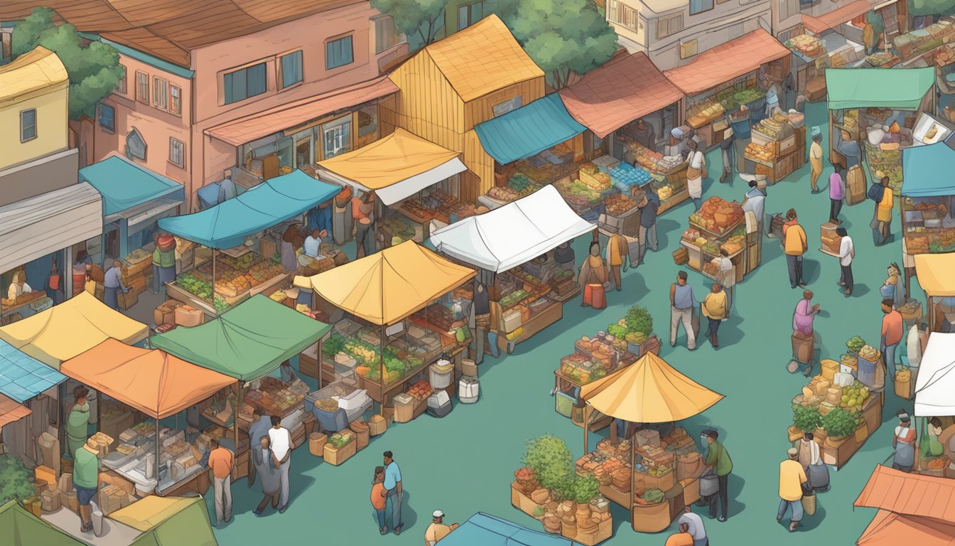 A bustling market with vendors selling resources for tiny house living