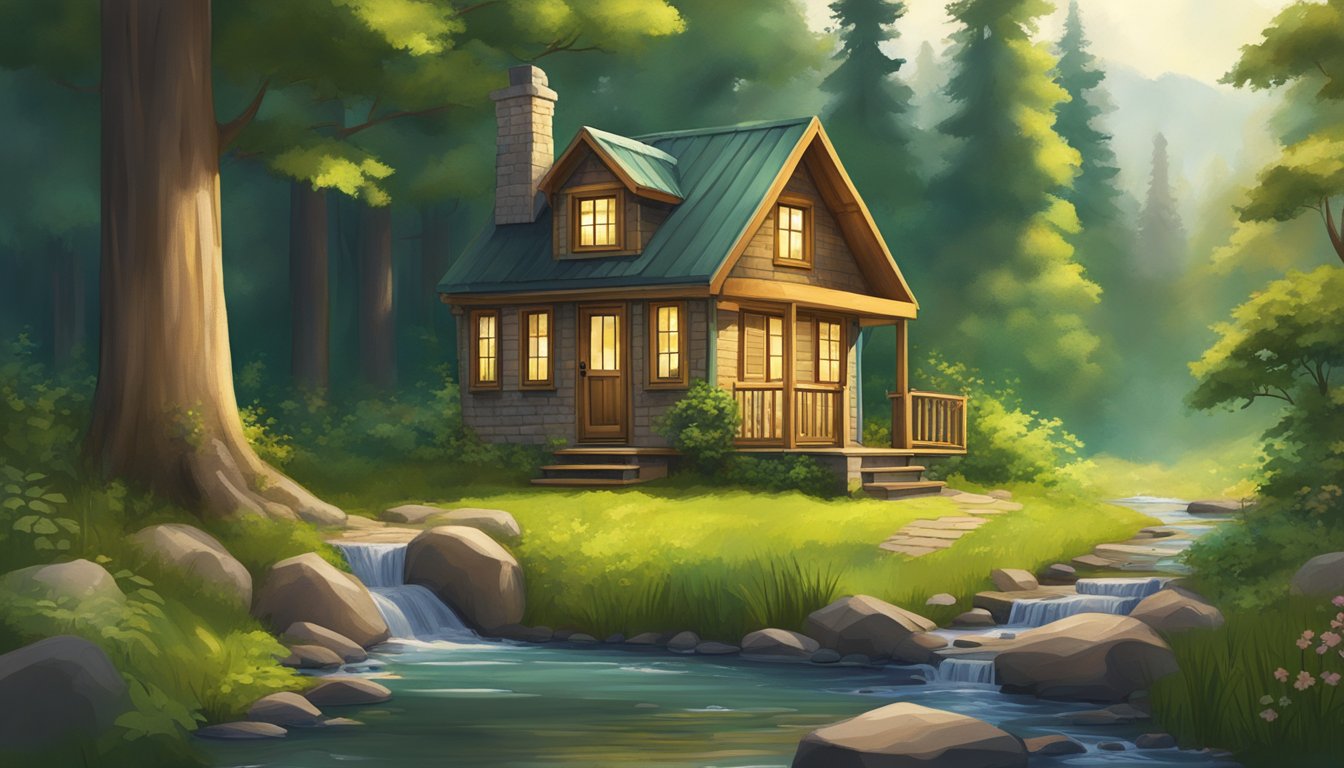 A cozy tiny house nestled in a lush, green forest clearing, surrounded by towering trees and a babbling brook