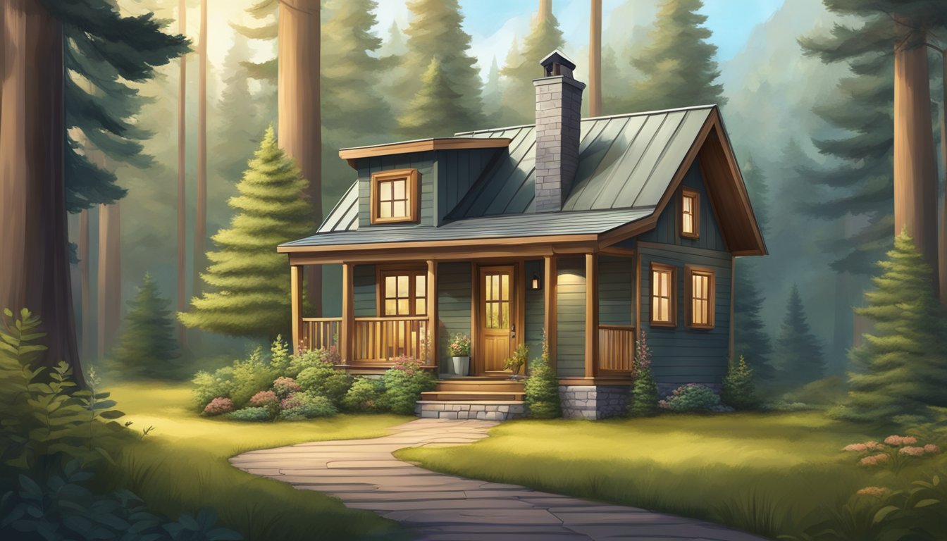 A cozy tiny house nestled in a forest clearing, surrounded by tall trees and a winding path leading up to the front door