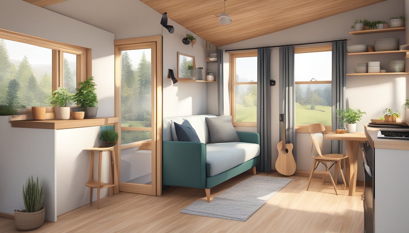 A cozy, minimalist tiny house with efficient use of space and multi-functional furniture. Natural light floods in through large windows, creating a warm and inviting atmosphere