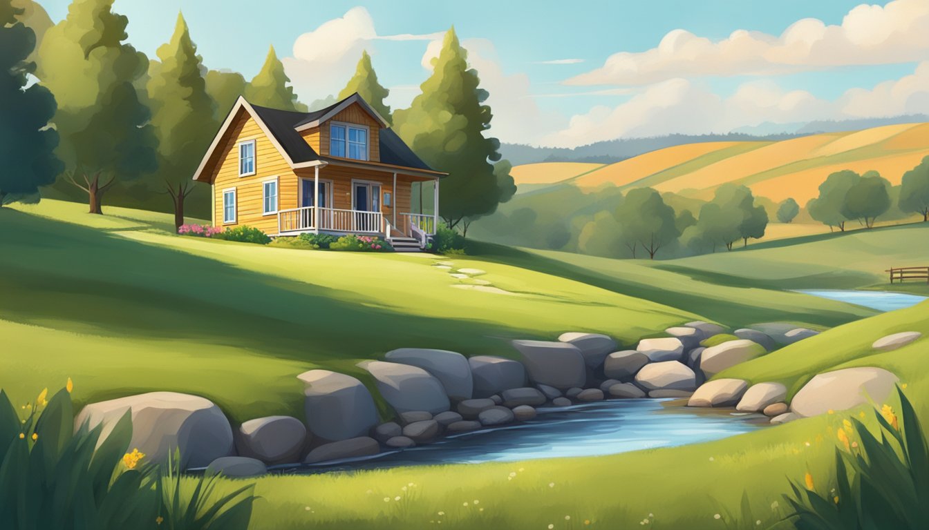 A tiny house sits on a grassy plot with rolling hills in the background. A small stream trickles nearby, and a cluster of trees provides shade