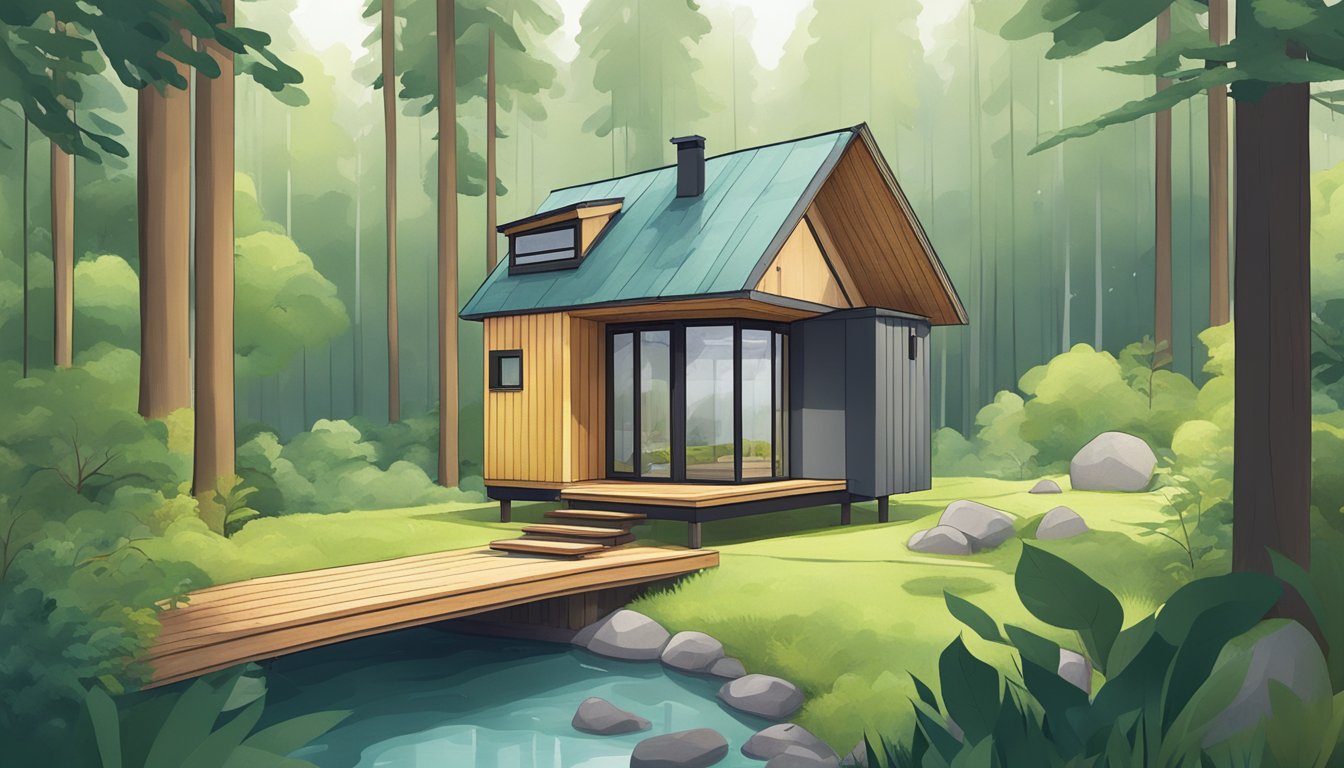 A serene, minimalist tiny house nestled in a tranquil forest clearing, surrounded by lush greenery and a bubbling stream