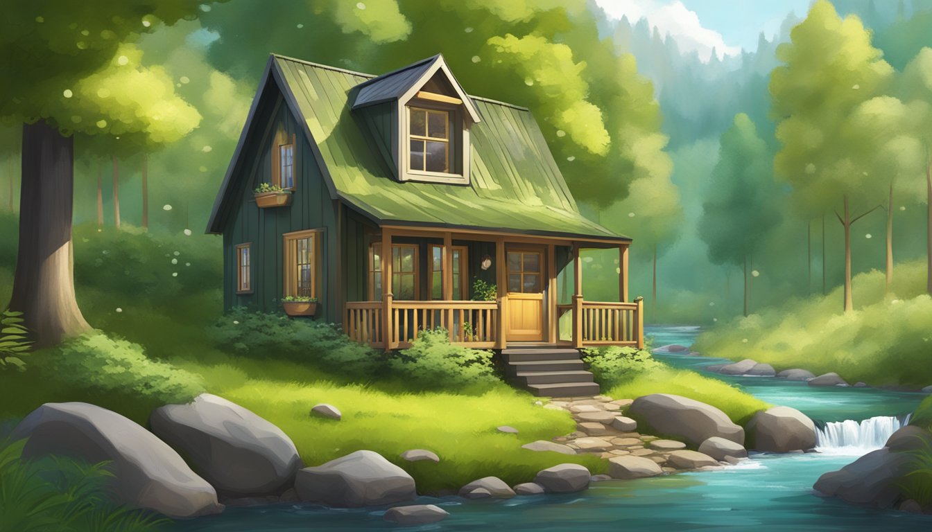 A cozy tiny house nestled in a lush, green forest clearing, surrounded by tall trees and a bubbling stream