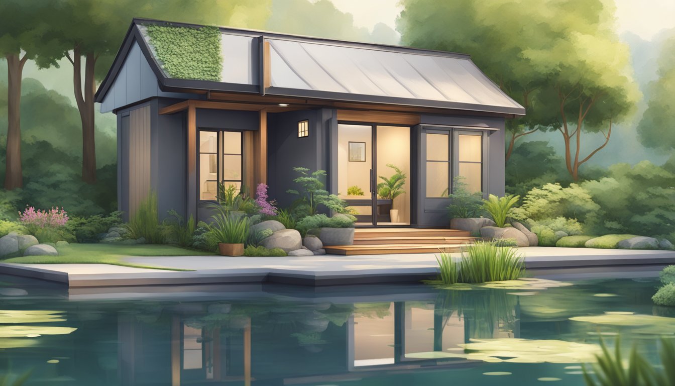 A serene Zen Cottages tiny house with minimalist design, surrounded by lush greenery and a peaceful garden pond