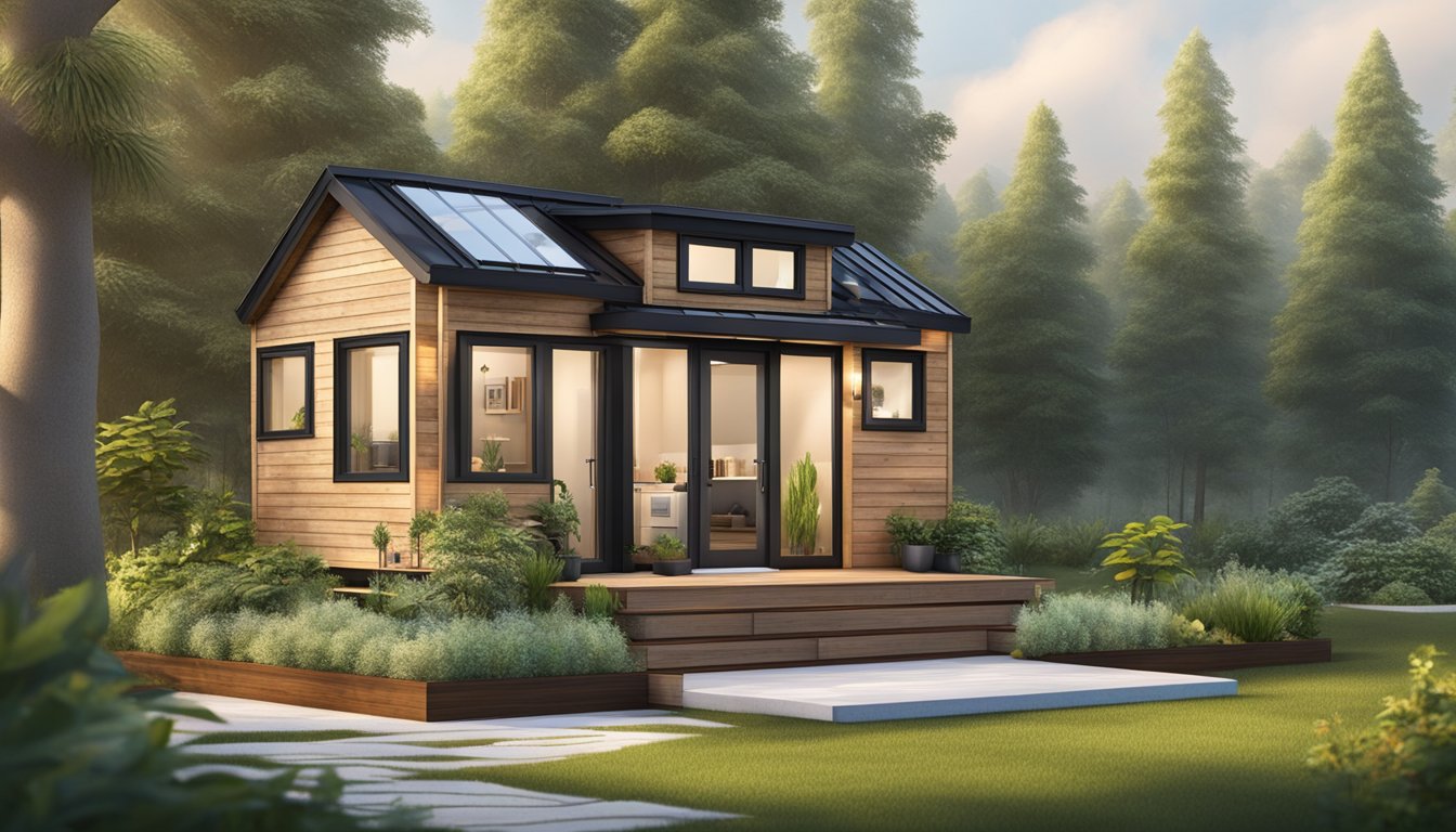 A serene tiny house under construction, surrounded by lush greenery and a peaceful atmosphere, with a certification plaque displayed prominently