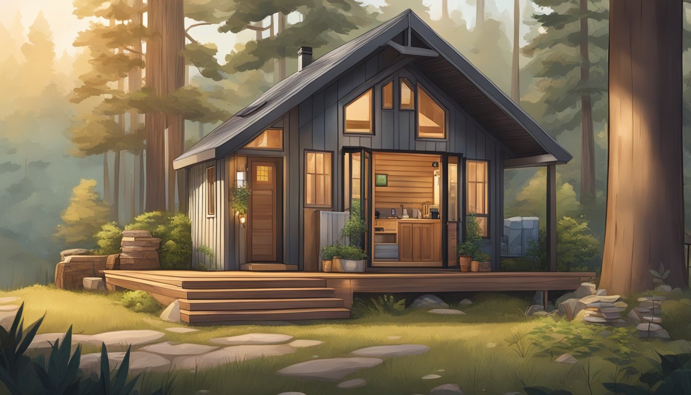 A cozy tiny home nestled in a lush, wooded area, with a small porch and a neatly stacked woodpile nearby