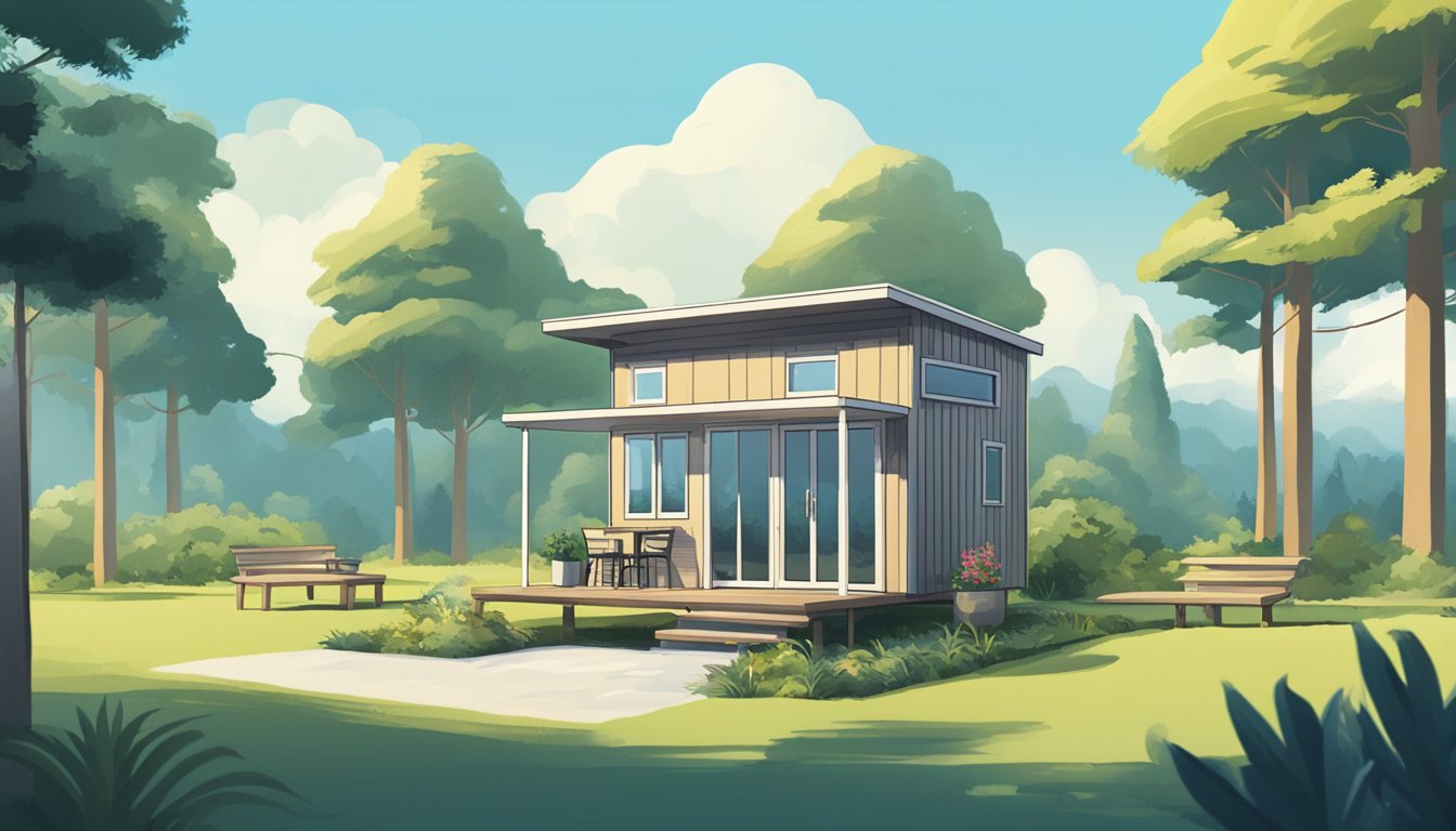 A serene, minimalist tiny house surrounded by lush greenery, with a clear blue sky overhead. A sign nearby indicates various purchasing and financing options