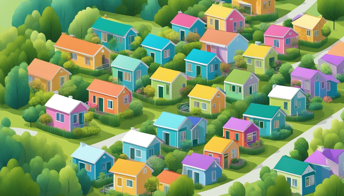 A row of colorful tiny houses nestled in a lush, green community with winding pathways and communal gardens