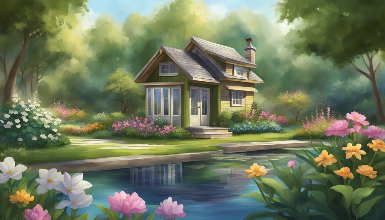 A serene tiny home nestled in a lush garden, surrounded by blooming flowers and a tranquil pond, exuding a sense of peace and harmony