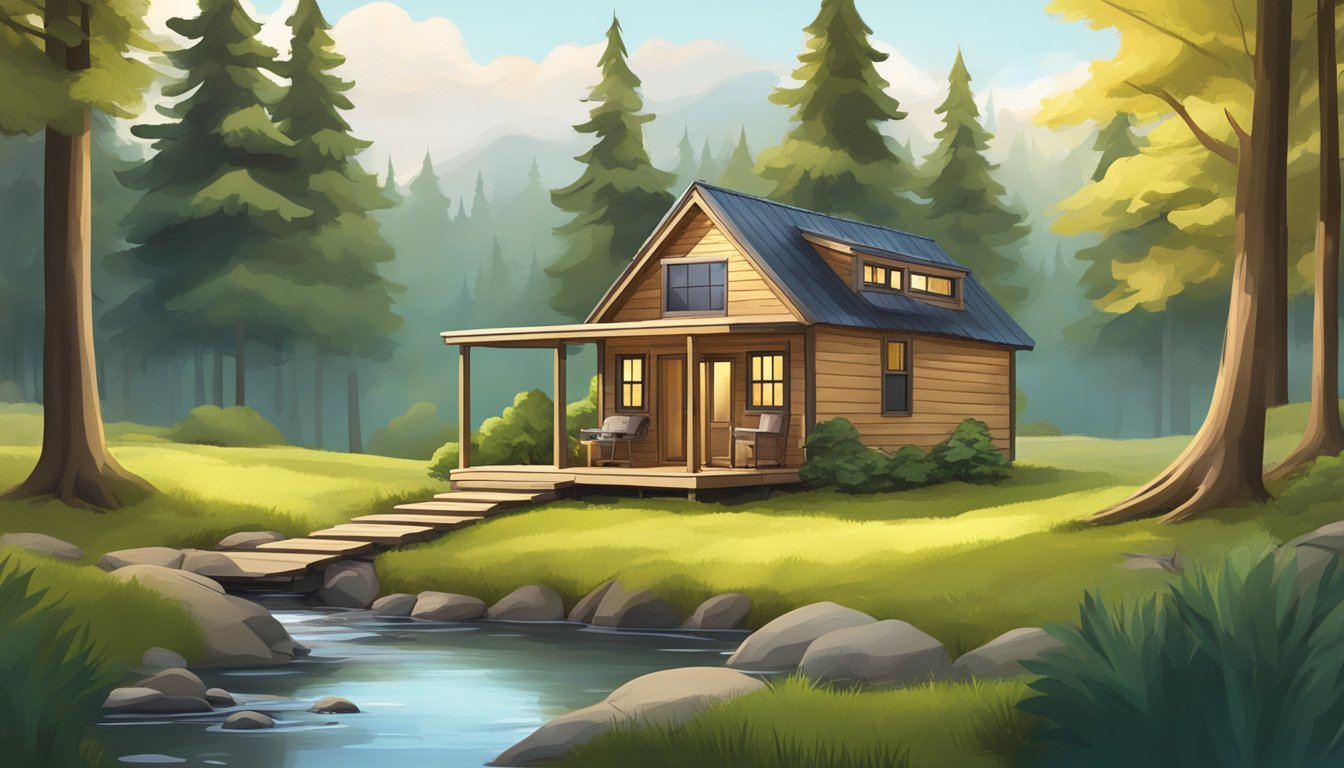 A cozy tiny house nestled in a lush forest clearing, surrounded by tall trees and a small stream flowing nearby