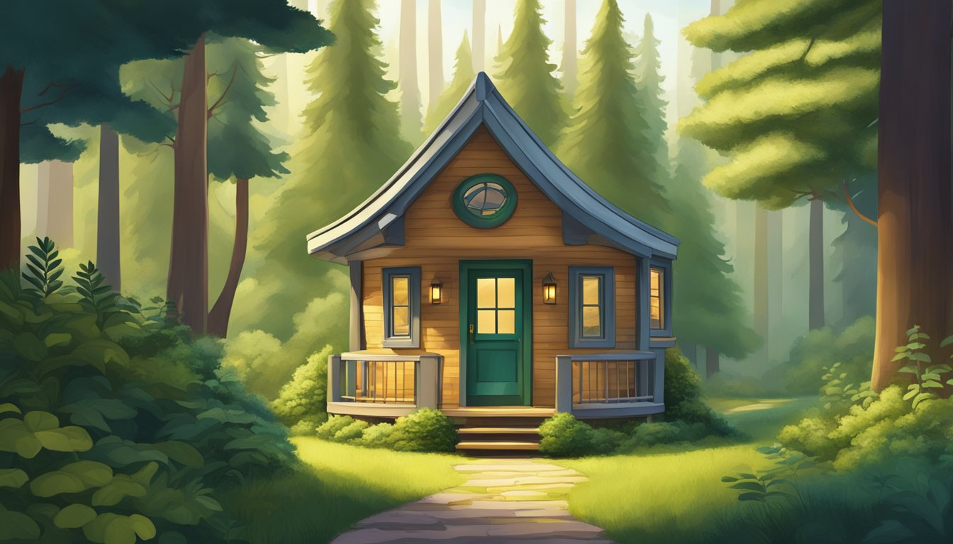 A cozy tiny house nestled in a lush, green forest clearing, surrounded by tall trees and a winding path leading up to the front door