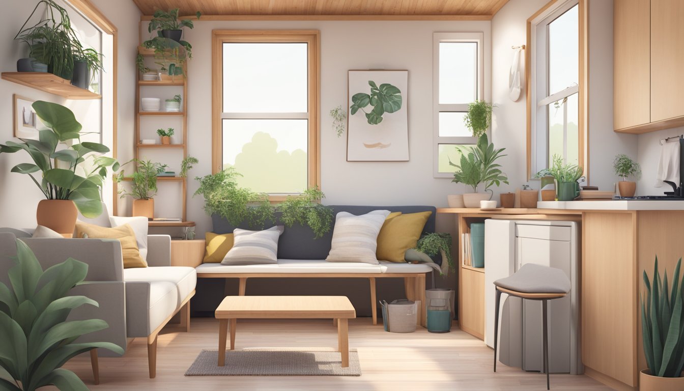 A cozy, clutter-free tiny house interior with minimalist furniture, natural light, and plants, embodying the philosophy of simplicity and sustainable living