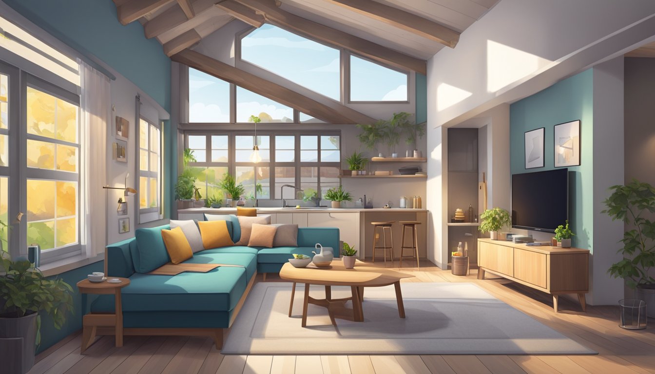 A cozy living room with a small sofa, a compact kitchen with a dining area, and a loft bedroom with a skylight