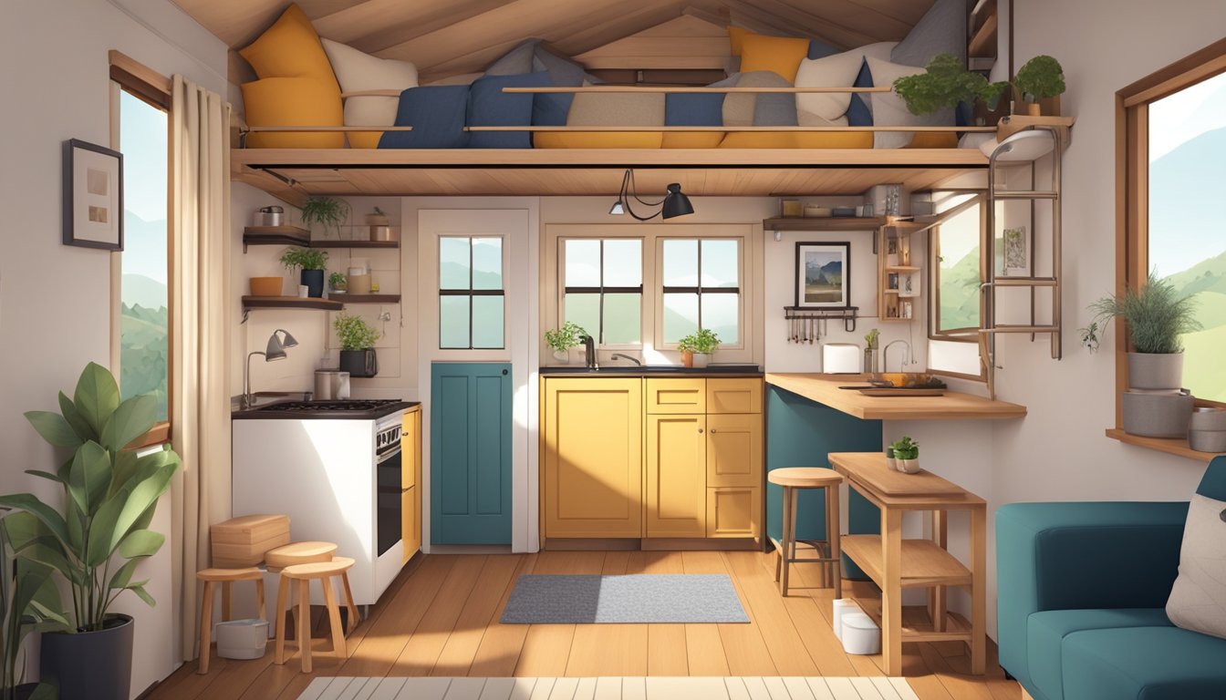 A cozy, clutter-free interior of a tiny house with a lofted bed, compact kitchen, and multi-functional furniture