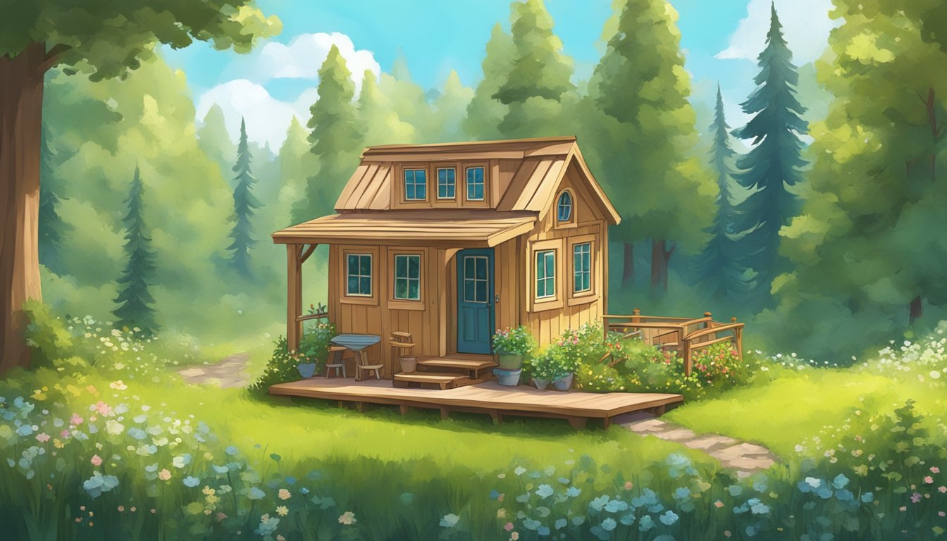 A cozy tiny house nestled in a lush green forest, surrounded by blooming wildflowers and a clear blue sky overhead