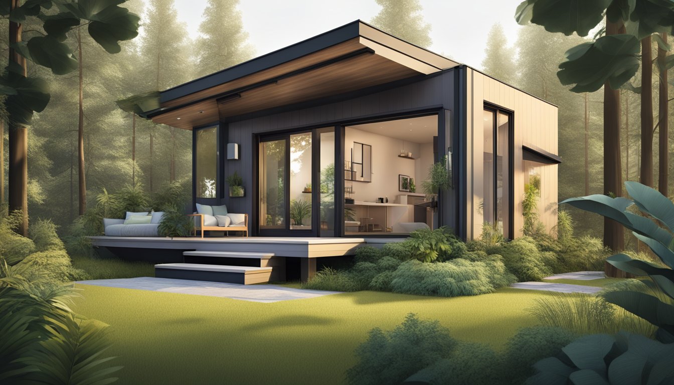 A modern style tiny house surrounded by lush greenery, with large windows, a sleek exterior, and a minimalist design