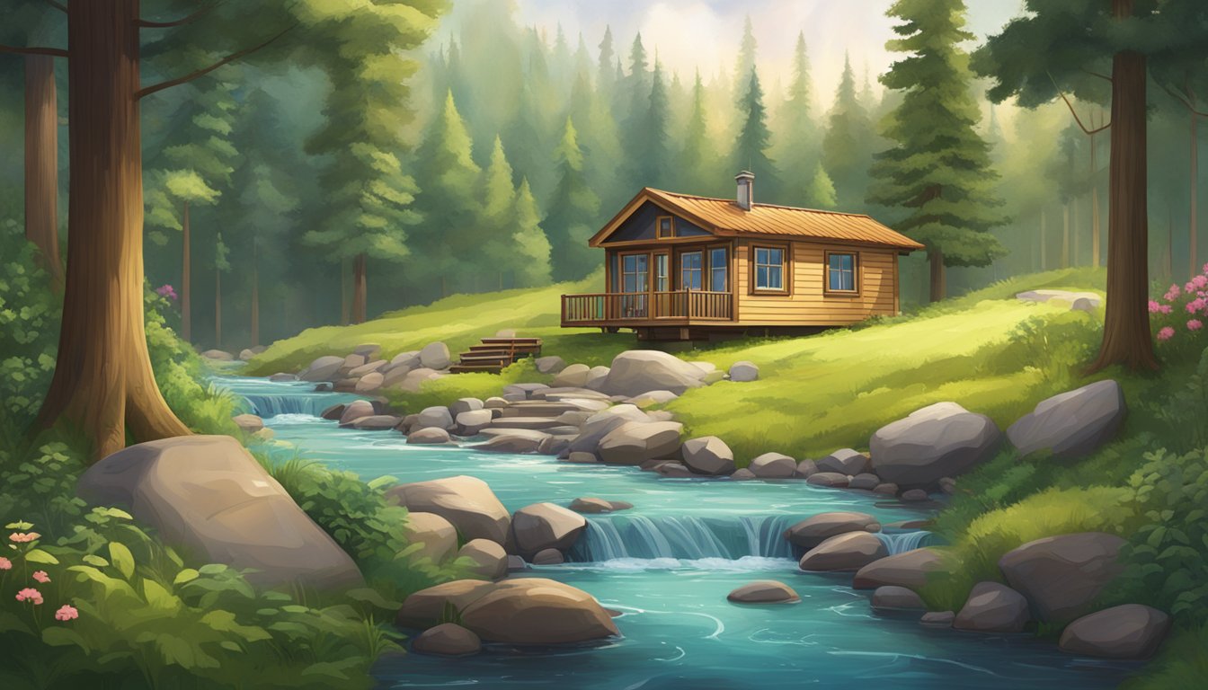 A cozy tiny house nestled in a lush forest clearing, surrounded by towering trees and a bubbling stream