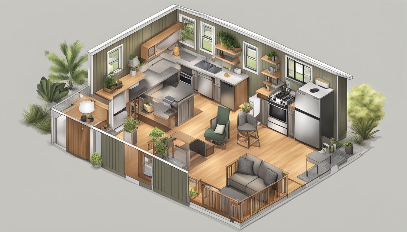 A bird's-eye view of a tiny house layout with furniture and appliances arranged in a functional and efficient manner