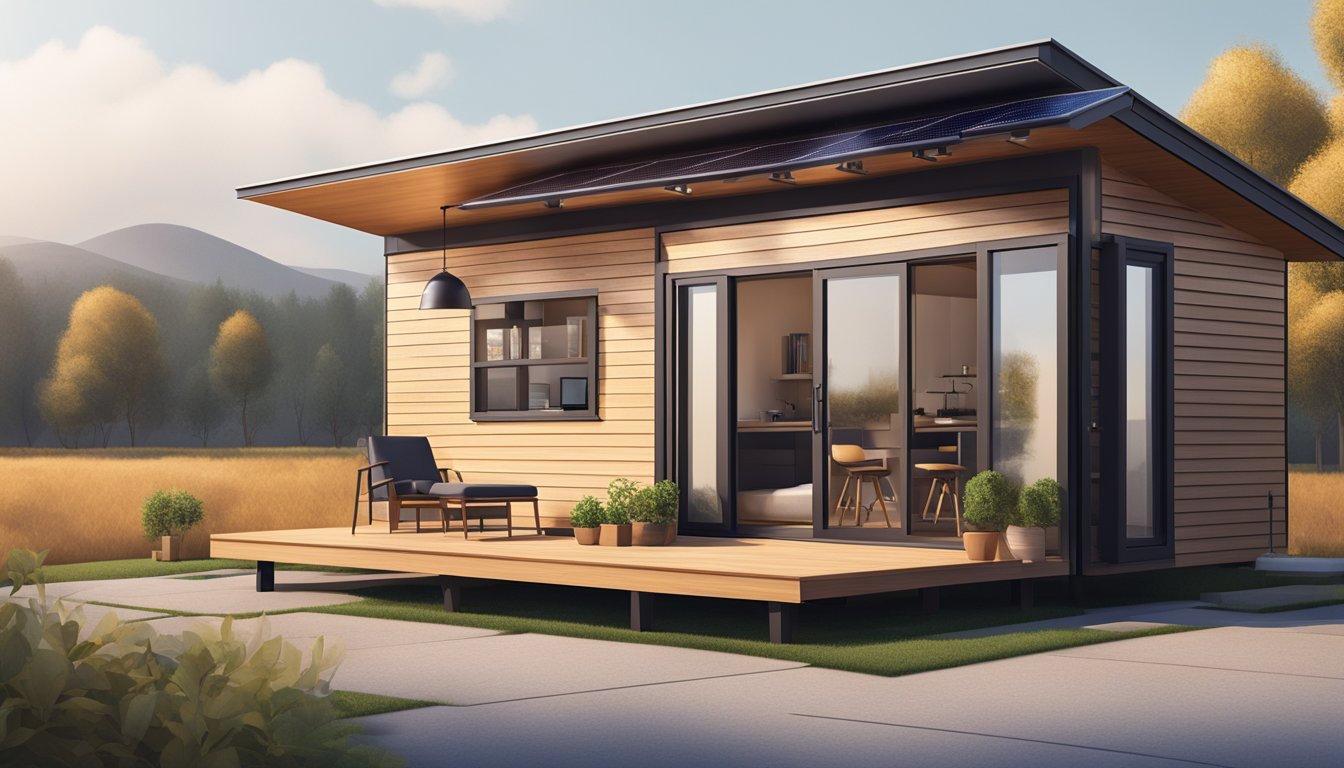 A sleek, minimalist tiny house with solar panels, efficient appliances, and space-saving furniture