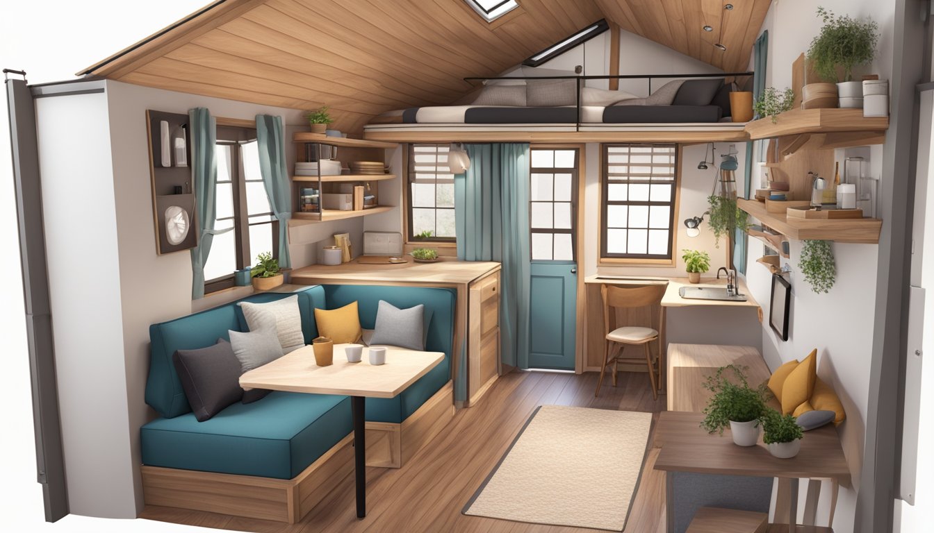 A cozy tiny house interior with a loft bedroom, compact kitchen, and a small living area with a fold-out table and storage solutions