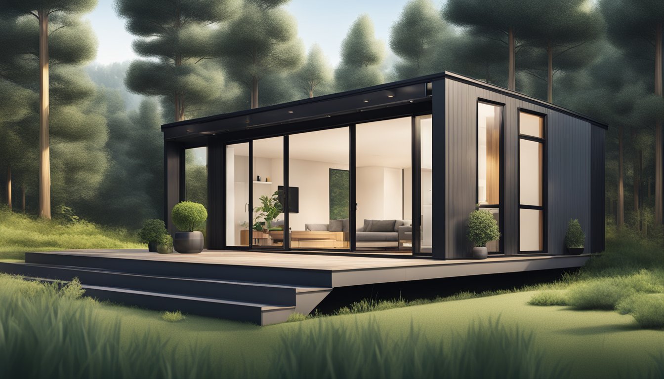 A sleek, minimalist tiny house with modern finance and investment theme. Clean lines, glass walls, and greenery