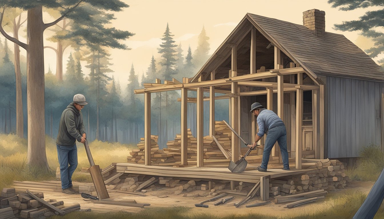 A person gathering wood, nails, and tools near a small, unfinished house frame