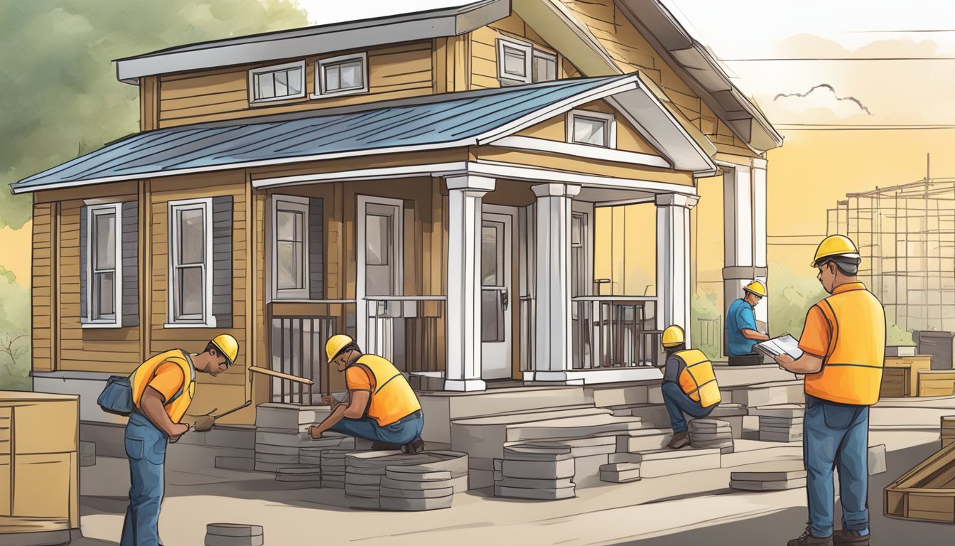 A person signing legal documents at a bank, while a construction crew works on building a tiny house in the background