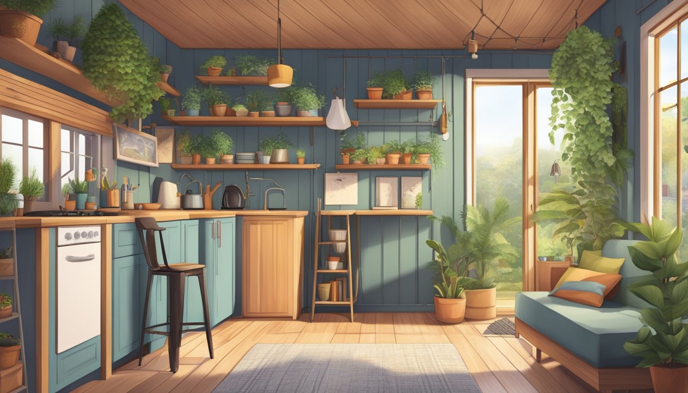 A cozy tiny house with a loft bed, a small kitchen, and a comfortable living area. A hammock hangs outside, surrounded by potted plants and a small garden