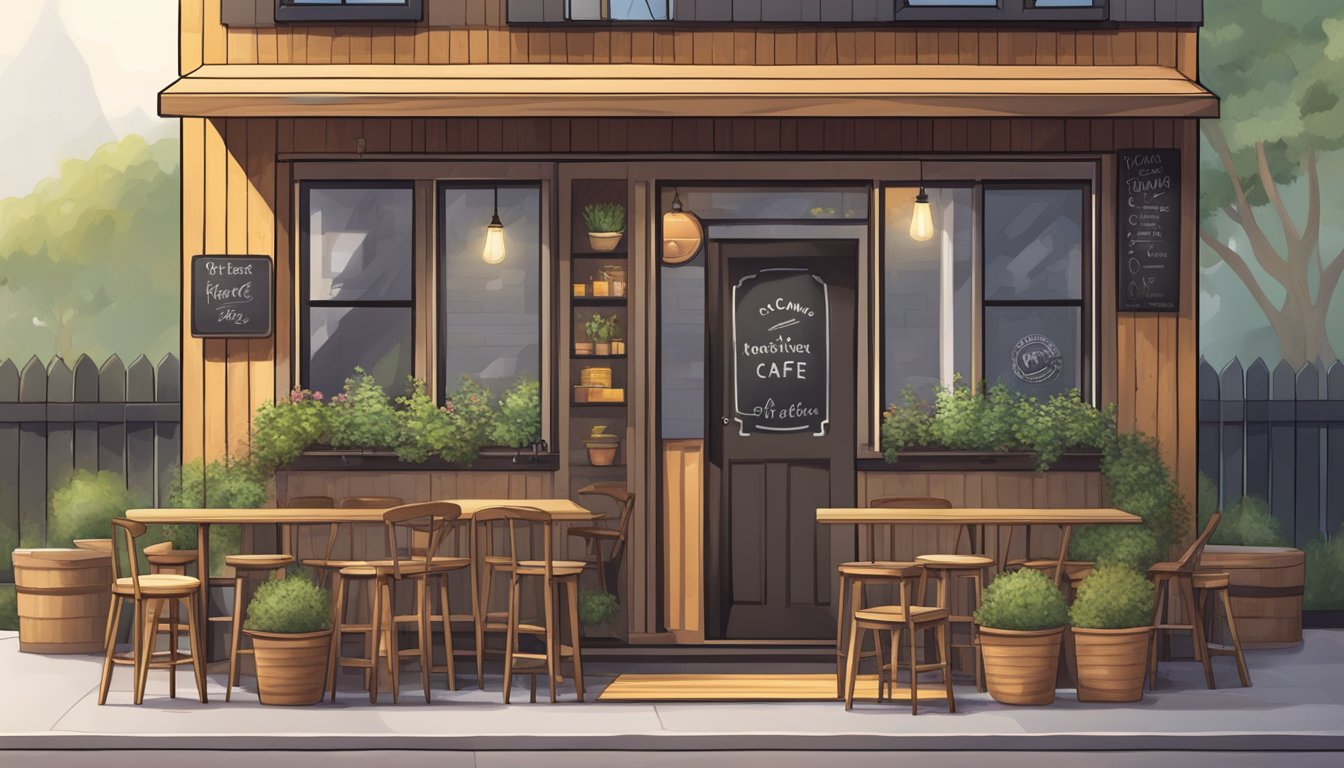 A tiny home converted into a cozy cafe, with a small outdoor seating area and a chalkboard sign welcoming customers