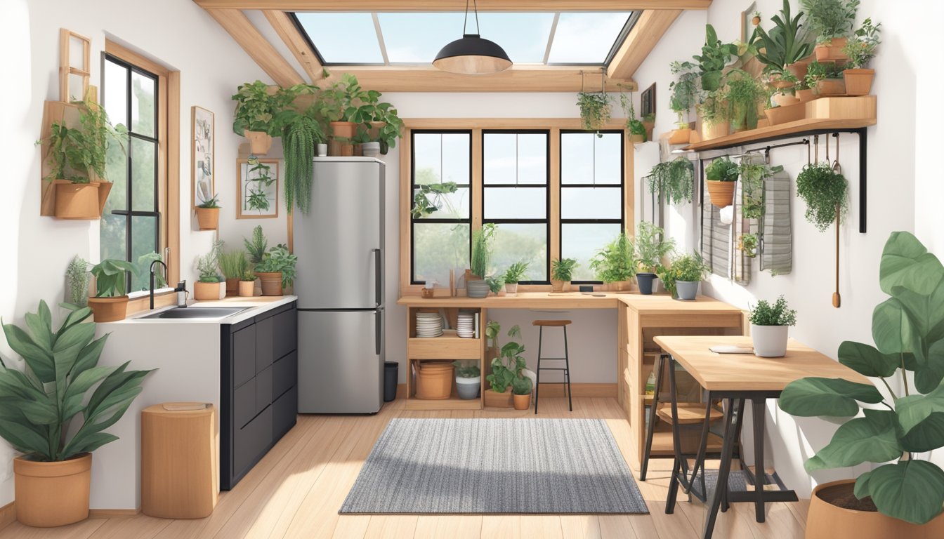 A cozy, minimalist tiny house with a loft bed, kitchenette, and fold-out table surrounded by large windows and potted plants