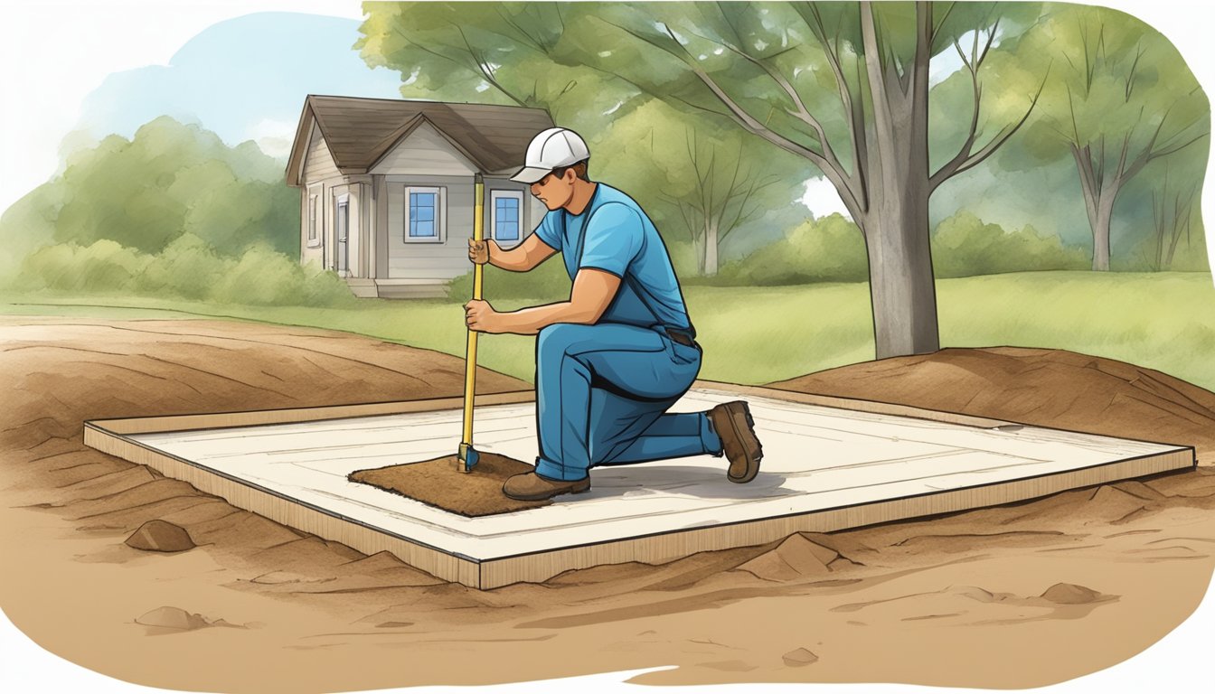 A person clearing and leveling a patch of land, measuring and marking out the foundation for a tiny house