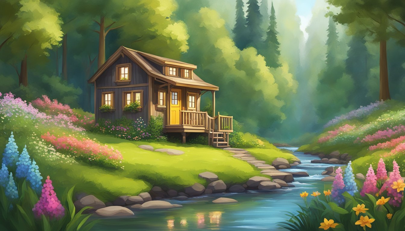 A cozy tiny house nestled in a lush, green forest, surrounded by blooming wildflowers and a winding stream