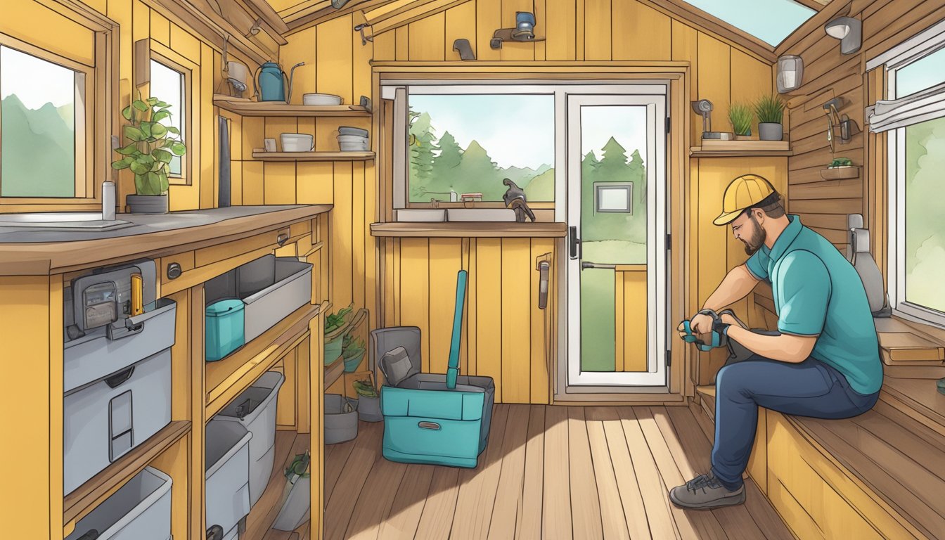 A person installing key systems and utilities in a tiny house