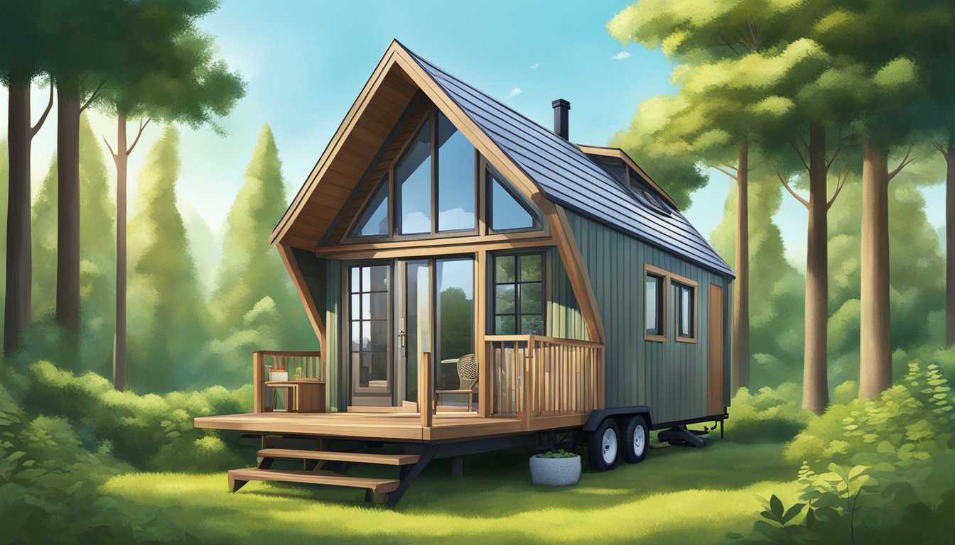 A cozy, compact tiny house nestled in a lush, green forest clearing, surrounded by towering trees and a clear blue sky