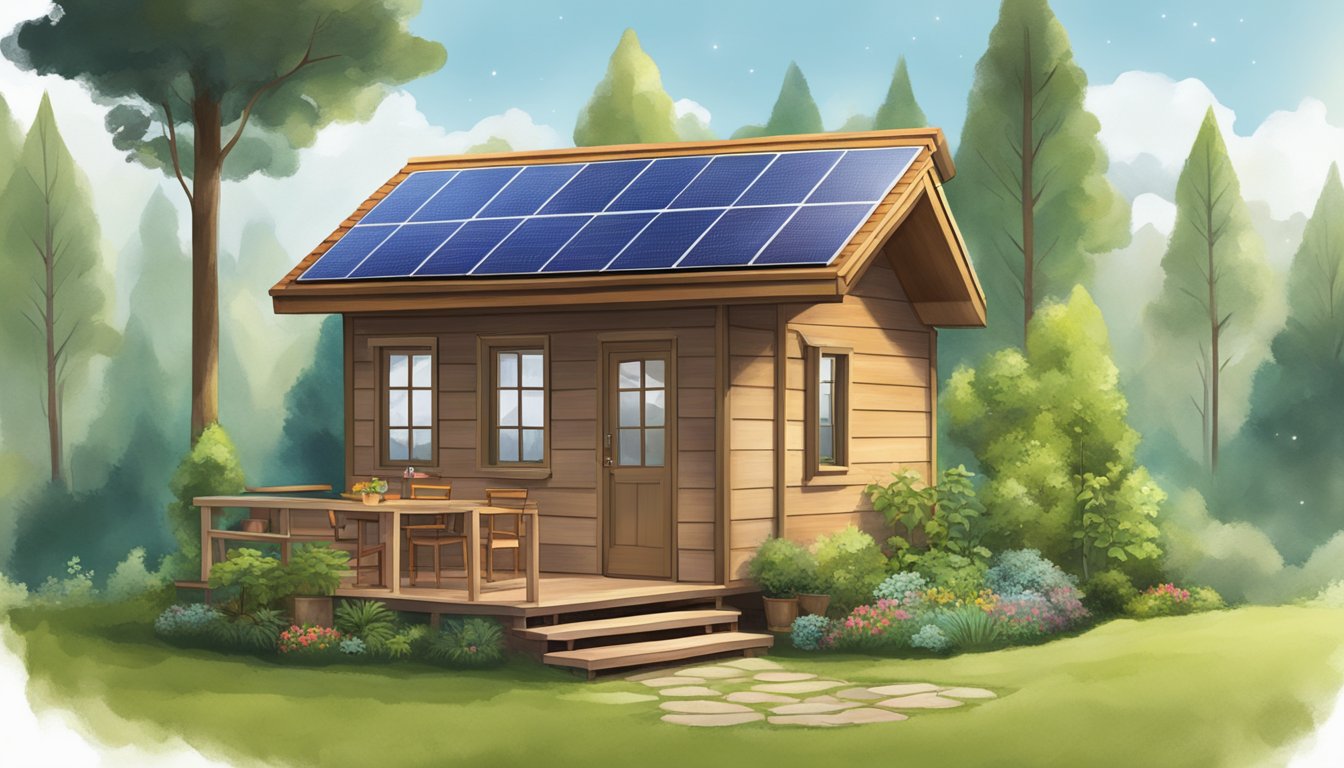 A cozy tiny house nestled in a lush, forested setting, with a small garden and solar panels on the roof