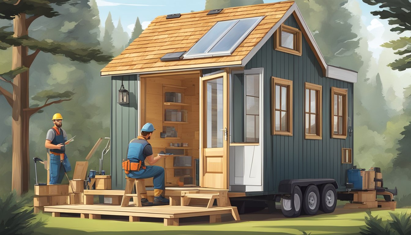 A person constructing a tiny house, measuring, cutting wood, assembling walls, and installing windows and doors