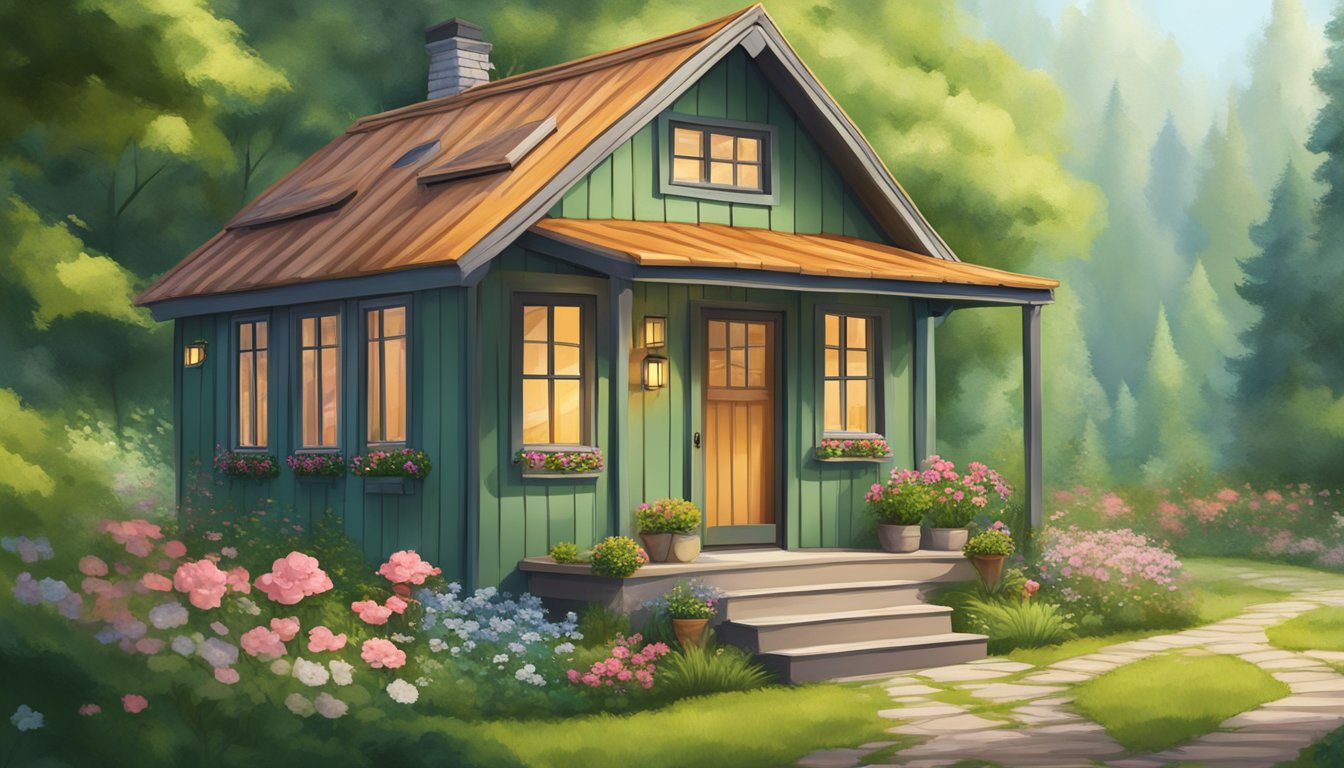 A cozy tiny house nestled in a lush green forest, surrounded by blooming flowers and a winding path leading to the front door