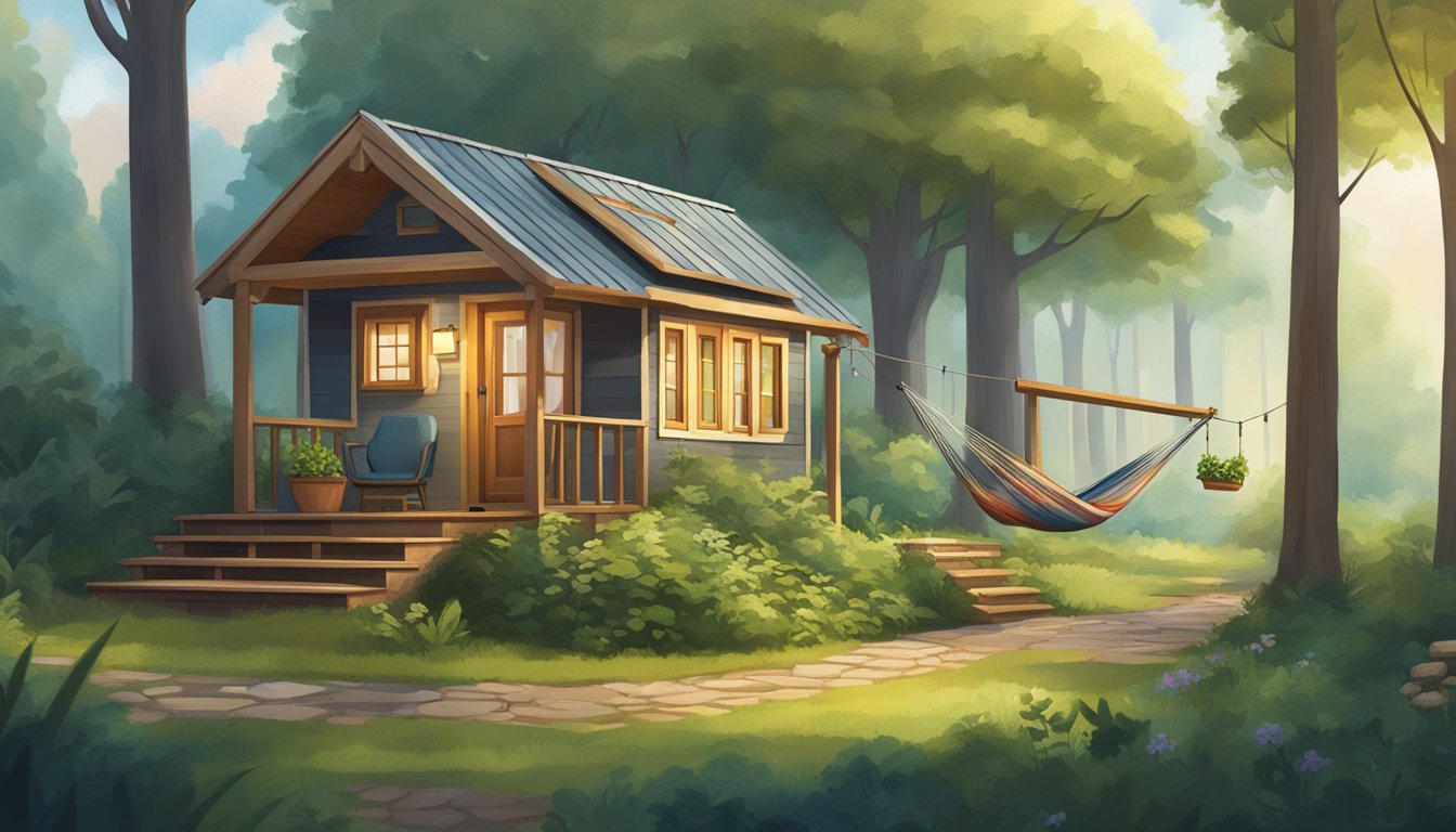 A cozy tiny house nestled in a lush, wooded setting with a small vegetable garden and a hammock strung between two trees