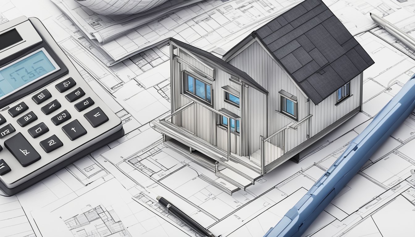 A tiny house blueprint surrounded by legal documents and a calculator