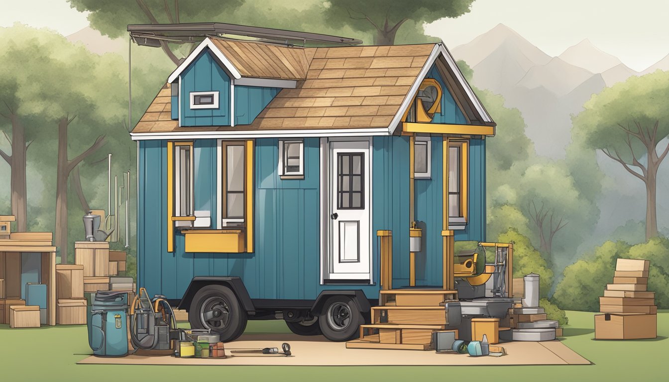 A pre-built tiny house sits beside a custom-built one, surrounded by tools and materials. A price tag hovers above, with dollar signs and question marks