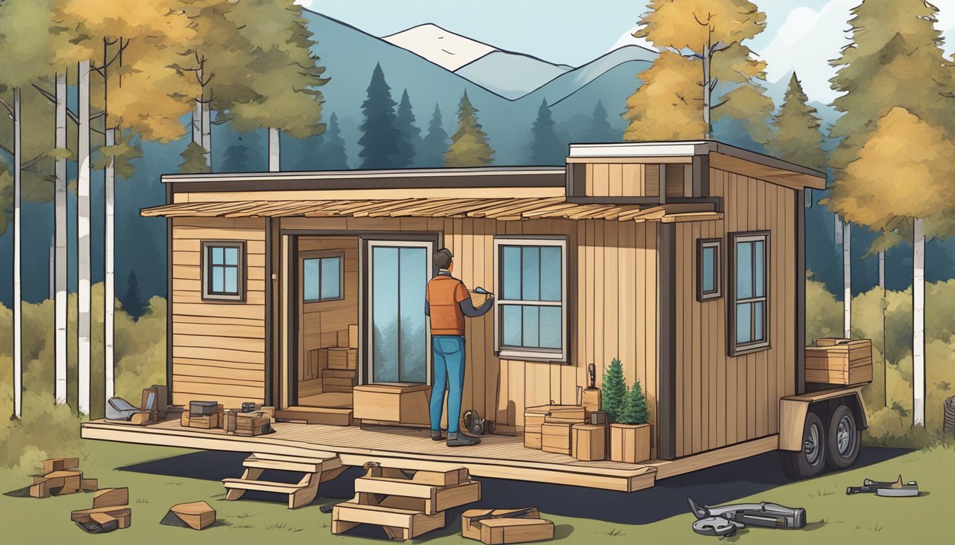 A person constructing a tiny house on wheels, surrounded by lumber, tools, and a blueprint, with a scenic natural backdrop