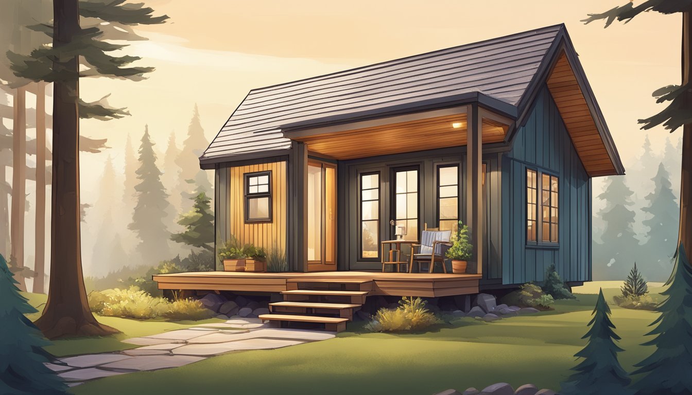 A cozy tiny house nestled in a forest clearing, with a sloped roof, large windows, and a small porch