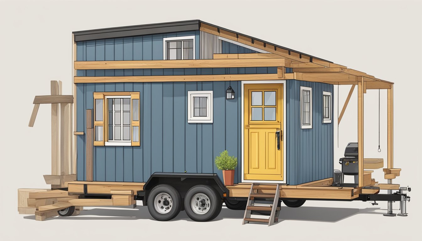 A tiny house being built on a trailer, surrounded by tools, lumber, and a blueprint