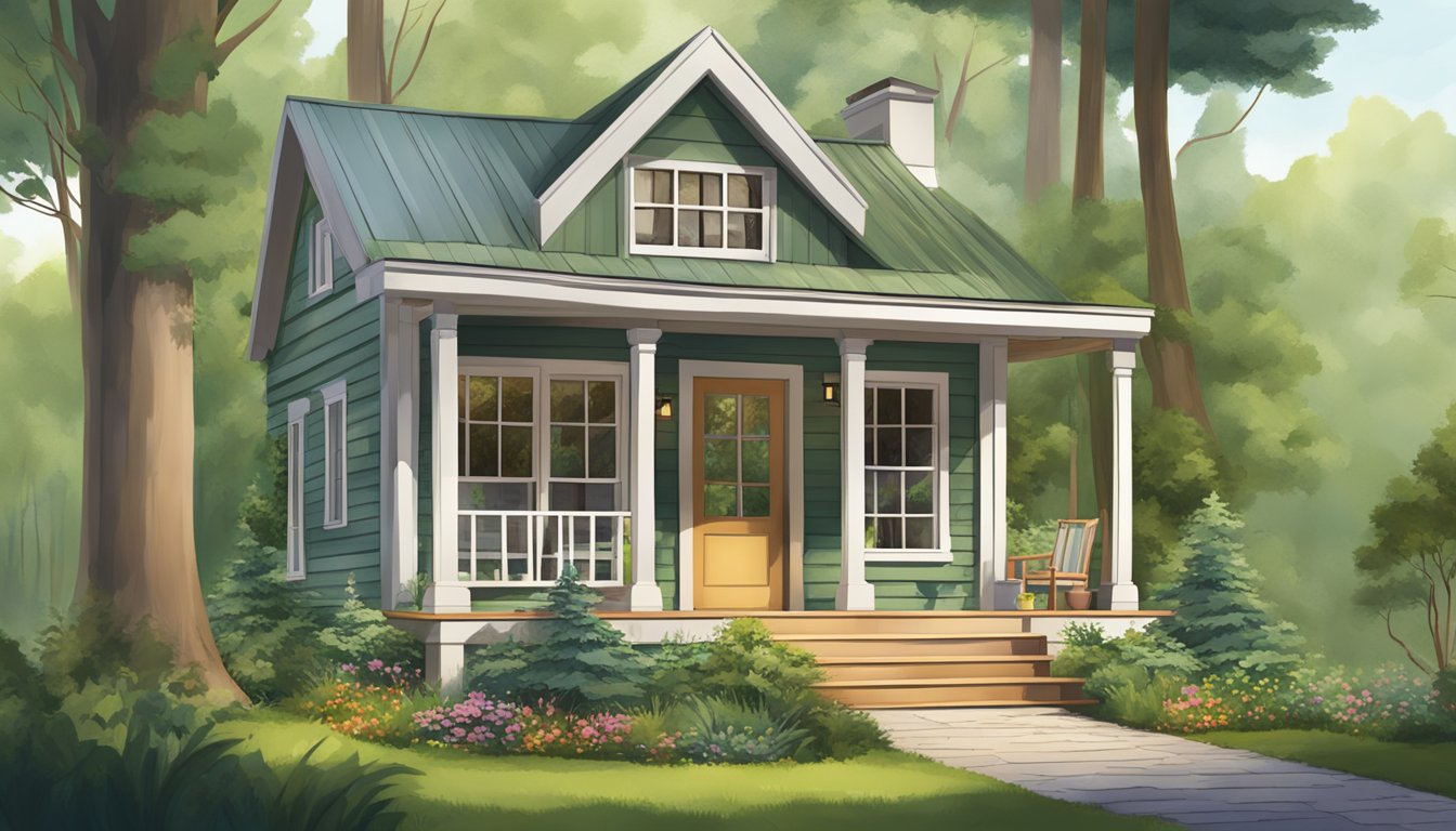 A cozy tiny house nestled in a lush green forest, with large windows and a welcoming front porch